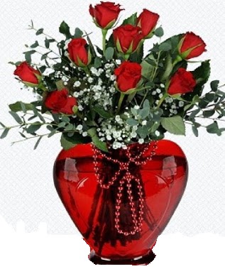 Kalp cam mika i�inde 9 adet k�rm�z� g�l kaliteli taze ve ucuz �i�ekler 