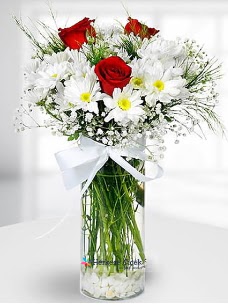 3 k�rm�z� g�l ve krizantemler camda me�rutiyet �i�ek�i ma�azas� 