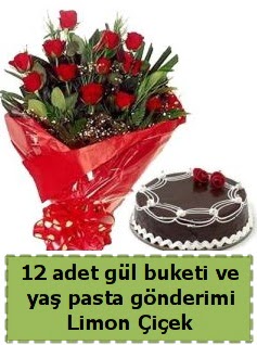 12 adet k�rm�z� g�l buketi ve ya� pasta Bat�kent �nternetten �i�ek sipari�i 