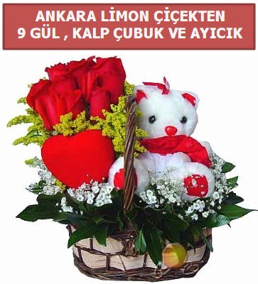 Kalp �ubuk sepette 9 g�l ve ay�c�k Macunk�y sevgilime hediye �i�ek  