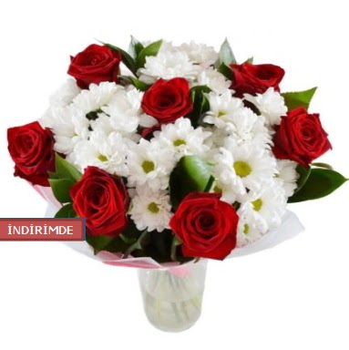 7 k�rm�z� g�l ve 1 demet krizantem Bat�kent �nternetten �i�ek sipari�i 