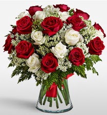 Vazoda 12 k�rm�z� 12 beyaz g�l tanzimi �aml�ca mahallesi �i�ek ma�azas� 