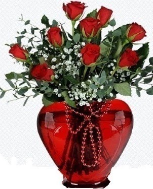Kalp cam mika i�inde 9 adet k�rm�z� g�l kaliteli taze ve ucuz �i�ekler 