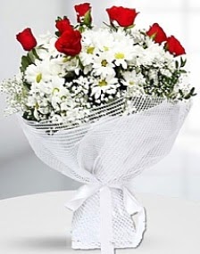 7 k�rm�z� g�l ve papatyalar buketi kaliteli taze ve ucuz �i�ekler 