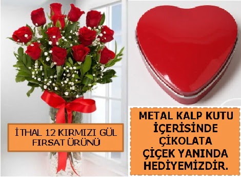 12 adet k�rm�z� g�l ve kalp kutuda �ikolata Macunk�y sevgilime hediye �i�ek 