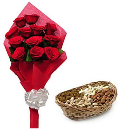 11 adet k�rm�z� g�l ve sepette kuruyemi� kaliteli taze ve ucuz �i�ekler 