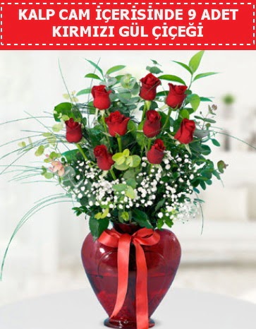 K�rm�z� kalp camda 9 k�rm�z� g�l Demetevler Oran 14 �ubat sevgililer g�n� �i�ek 