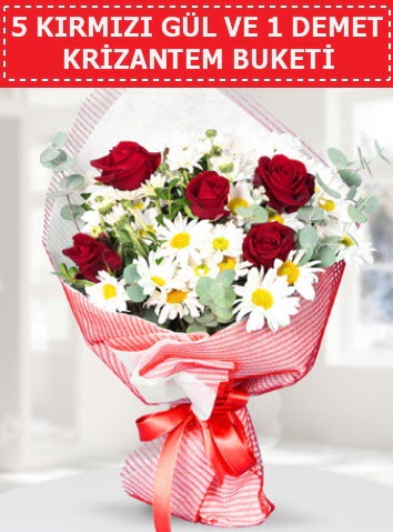 5 adet k�rm�z� g�l ve krizantem buketi Demetevler Oran 14 �ubat sevgililer g�n� �i�ek 