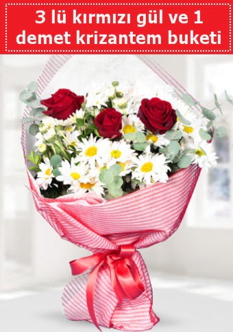 3 adet k�rm�z� g�l ve krizantem buketi Bat�kent �nternetten �i�ek sipari�i 